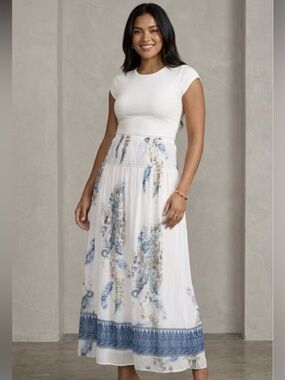 J. Jill White Maxi Skirt with Blue Floral and Border